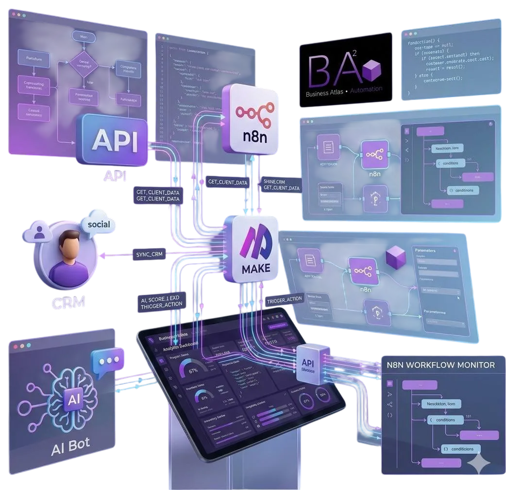 Business Atlas — екосистема інтеграцій: n8n, Make, API
